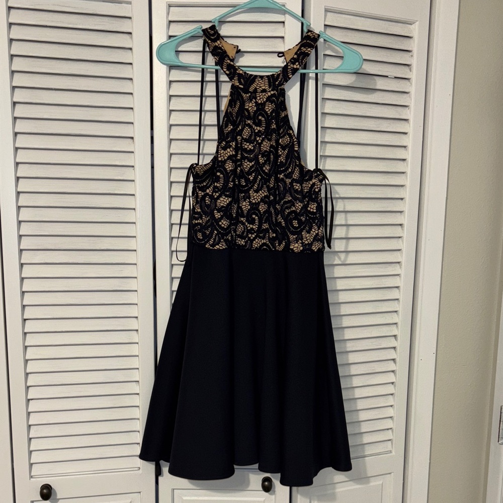 B Darlin Navy Blue and Gold Lace Prom Dress